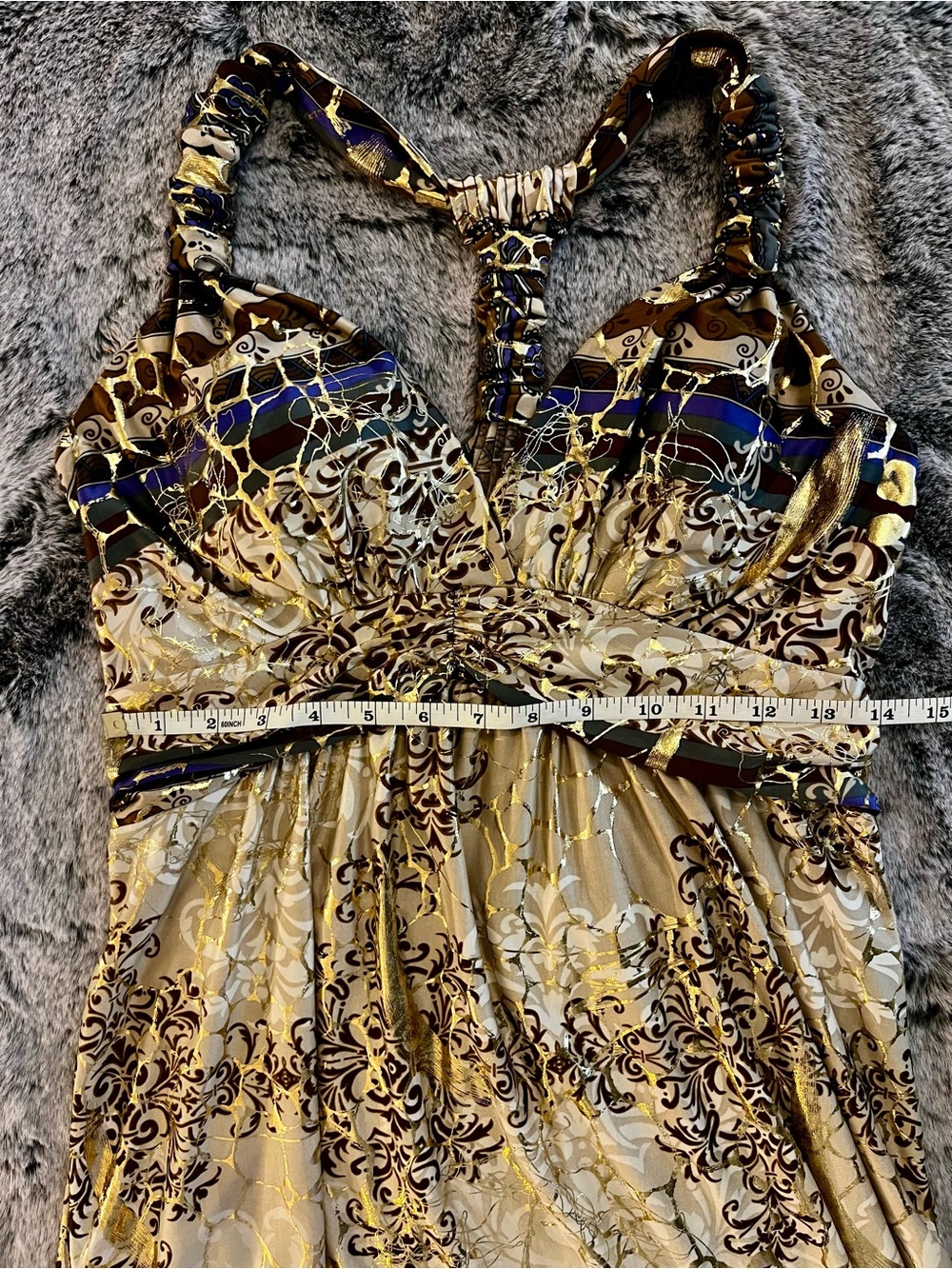 Shoreline Bohemian Printed Halter Maxi Dress - Beige, Purple & Gold foil S/M - Picture 8 of 16